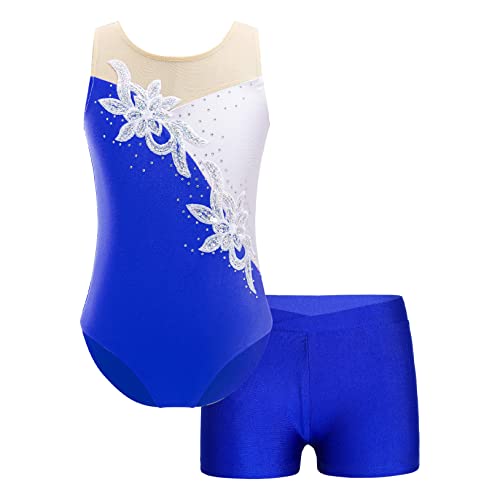 Choomomo Turnanzug Mädchen Glänzende Gymnastikanzug Kinder Ärmellos Trikot Mit Gymnastik Fitness Shorts Tanzbekleidung Dancewear Königsblau 134-140 Cover