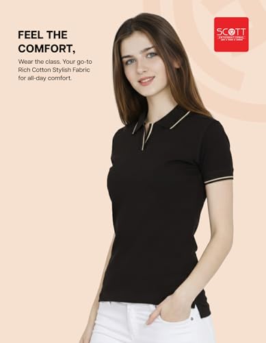 Image of Scott International Women's Cotton Polo T-Shirt | Half Sleeve Plain Collar Tee | Stylish Casual Top | Plain T-Shirt for Girls | Workwear for Office & Casual Wear