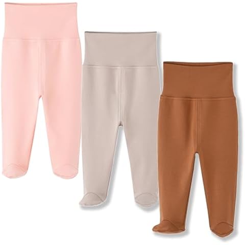Eleven's Kingdom Footed Baby Boy Pants Pink 3-6 Months, Baby Pants with Footies and High Waist,Soft Cotton Baby Leggings 3Pack Pink 3-6 Months Cover