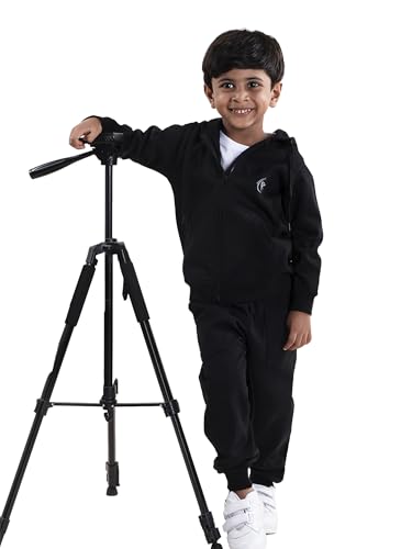 Image of Boys Solid Fleece Full Sleeve Zip Front Open Hooded Sweatshirt With Track Pant Set