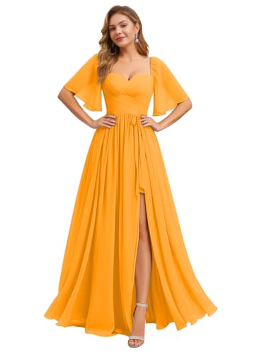 Image of IIF Women's Chiffon Bridesmaid Dresses for Wedding Flutter Sleeves Ruched A Line Long Formal Dress with Slit IIF149