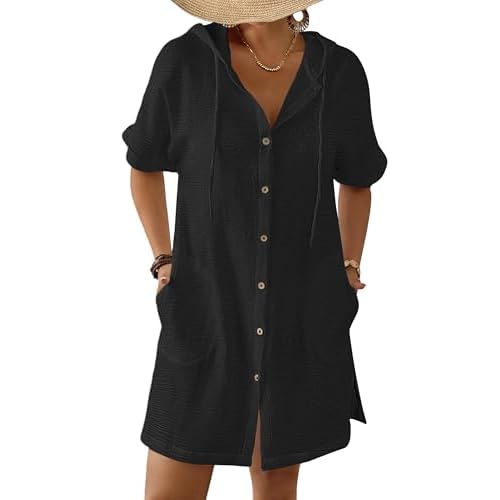 Bsubseach Womens Swimsuit Cover Up Shirt Button Down Short Sleeve Bathingsuit Coverups Hooded Beach Coverup With Pockets Black XX-Large