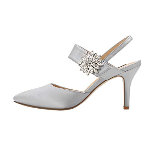Image of ERIJUNOR Mid Heel Shoes for Women Pointed Toe Slingback Rhinestone Brooch Satin Dress Pumps Evening Prom Wedding Shoes