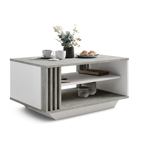 Viosimc Table Basse Moderne avec Lattes Décoratives en Bois et Étagère, Élégante Table Rectangulaire pour Salon – Béton & Blanc