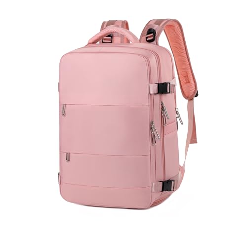 Mochila de Viagem Impermeável Unissex, Compatível com Bagagem de Mão, 10 Bolsos, com Porta USB, Compartimentos Separados (Rosa)