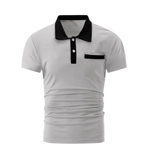 Polo para hombre, manga corta, bloque de color, camisa de ocio, verano, polo con bolsillos, moderno, con solapa, tenis, camiseta de golf para exteriores, camiseta deportiva, gris, L - imagen 3