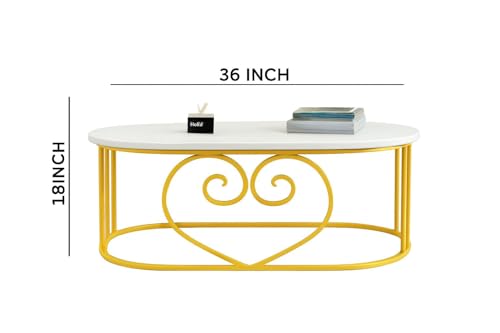 Image of Oval Accent Metal Centre Table with Marble Look Coffee Tables with Engineered Wood Top and Metal Frame, Contemporary Table for Office, Bedroom, or Living Room Golden White