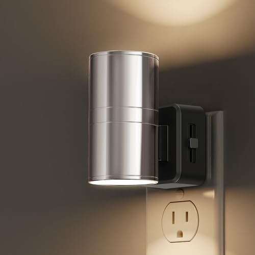 Image of L LOHAS LED Night Light, Night Lights Plug into Wall, 1-Pack, Smooth Silver Glossy Plating Metal-Shade Nightlight, Light Sensor, Soft White 3000K, Dimmable Night Light Plug in for Hallway Bedroom