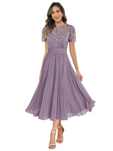 BOLENSYE Chiffon Lace Mother of The Bride Dresses Tea Length Formal Dress Short Sleeve Evening Gown for Women