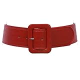 Women's 2 1/4' Wide High Waist Rectangular Stitch-edged Leather Belt, Red | M/L-36'