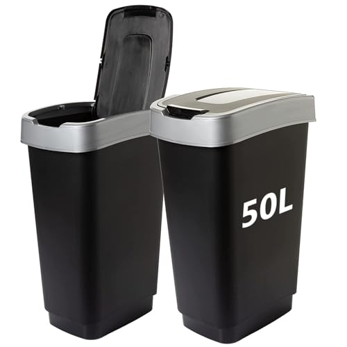 2friends Duo Poubelle à 2 compartiments, 2 x 50 l, anti-odeurs, système de tri sélectif de cuisine, avec couvercle basculant, double tri des déchets, 100 l...