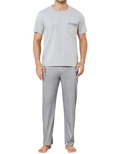 Reliwel Schlafanzug Herren Kurz Baumwolle Zweiteilige Pyjama Herren Kurzarm Shirt und Lange Pyjamahose Loungewear Nachtwäsche für Männer Grau, S