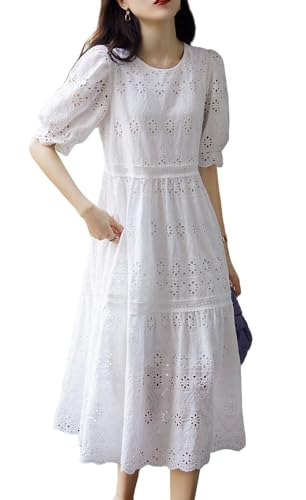 chouyatou Women's Summer Puff Sleeve Midi Long Floral Eyelet Dress