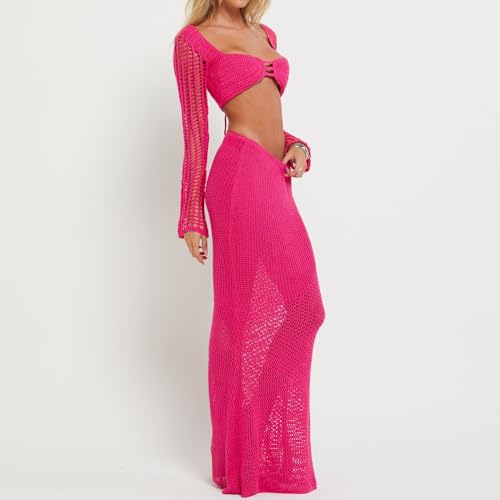 FEORJGP Womens Summer Crochet Knit 2Pcs Skirt Set Hollow Out Backless Tube Top with Long Skirt 2 Piece Skirt Set Streetwear3