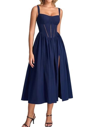 Image of KUTUMAI Floral Corset Midi Dress Flowy Slit Summer Spring Wedding Guest Dresses for Women Sundress with Pockets