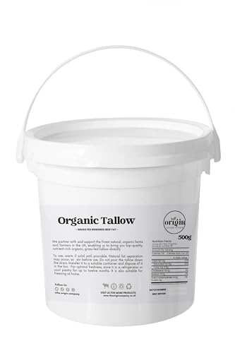 Origin Organic Grassfed Beef Tallow | Certified Premium Quality | Beef Fat Drippings | Food & Skin Grade | Multiple Uses | British Farms (500g)