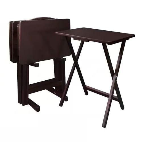 Set of 4 - Folding TV Tray Table Set with Stand in Dark Brown Wood Finish