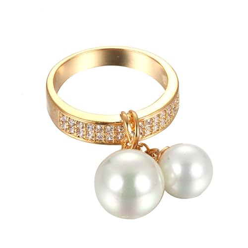 Kokoma Double Pearls Dangle Statement Ring for Women Girls Cubic Zirconia Stacking Engagement Promise Rings Wedding Band