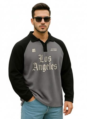 Image of Veirdo Men's Oversized Loopknit Cotton Zipper Polo Neck T-Shirt | Oversized Baggy Fit Full Sleeve Casual Streetwear Top Sizes: S-XXL