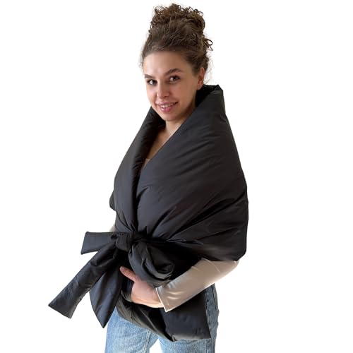 Black Long Cape Lagre Wide Scarf Puffer 18x70 inch with 2 pocket and Belt. Cape around shoulders wrap. Winter quilted shawl. Warm padded scarf. Down puffy scarves.4