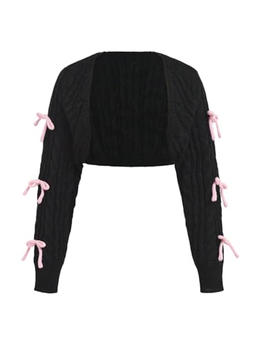 Image of OYOANGLE Girl's Bowknot Long Sleeve Open Front Crop Cardigan Y2K Knit Bolero Shrug Sweaters