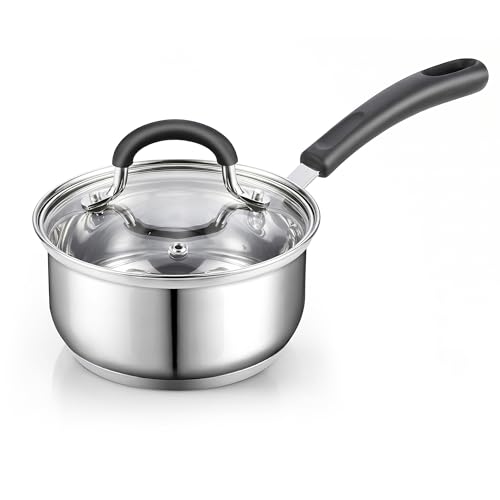 Cook N Home Professional 2 Quart Stainless Steel Saucepan with Lid, Small Kitchen Induction Cooking Sauce Pot Pan, Stay-Cool Silicone Handle, Dishwasher Safe