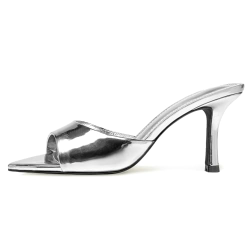 Image of Riekhany High Heel Mules for Women Slip On Open Pointed Toe Classy Patent Leather Stiletto Pumps Formal Slingback Mule Sandals Dress Walking Shoes