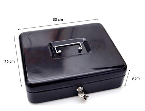 Image of Lukia 12 inch Steel Cash Box (Money Storage Box /Coin Box) with Note and Coin Compartments | Cash Box with Lock and Key