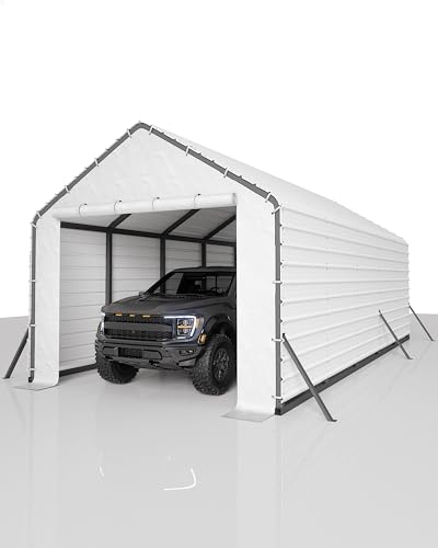 Image of GarveeLife Heavy-Duty PE Enclosure Kit (2-Pack) for Metal Carport - 220gsm Roll-Up Zipper Door Panels for 13x26, 13x21, 13x16 ft, with Ball Bungees, White