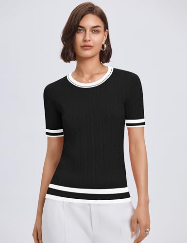 Micoson Womens Short Sleeve Cable Knit Sweater Tops Crewneck Lightweight Spring Summer Shirts Business Dressy Casual Outfits4