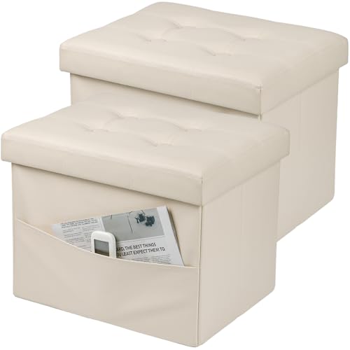 Image of Bsketa Storage Ottoman Bench, 16 inch Folding Leather Foot Rest, Beige 2 Pack | Small Ottoman with Side Pockets, Thicker Foam Padded Seat, Livingroom, Dorm, Bedroom, Easy to install, 38L, 16x12x12in