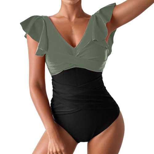Maillot de bain 1 pièce amincissant taille haute vert armée taille L à volants