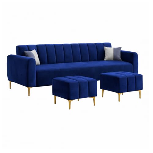 Image of Habibi 5 Seater L Shape Sofa Set with 2 Movable Ottomans | Flexible Layout | Rich Velvet Suede Fabric | Silver Legs | Modern Sofa for Living Room (Dark Blue)