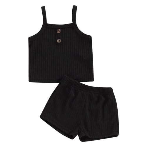Toddler Baby Girl Summer Clothes Ribbed Sleeveless Button Front Cami Tops and Shorts Infant Outfits Set (A Black, 12-18 Months)