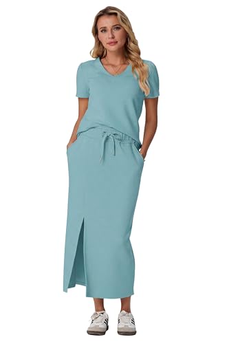 Image of GRECERELLE Women Summer Casual 2 Piece Sets V-Neck Wrinkle-Free Top & Elastic Waist Midi Side Slit Skirt with Pockets