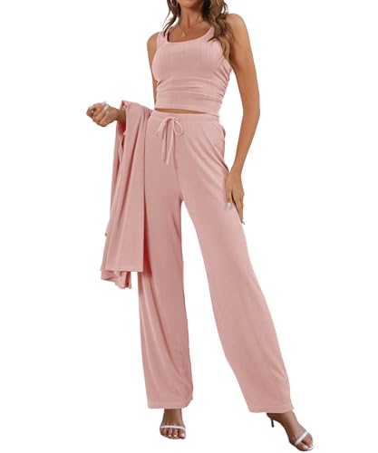 Image of 3 Piece Lounge Sets for Women Airport Travel Outfit | Long Cardigan,Tank Top ,Wide Leg Pants with Pockets,Comfy Loungewear,Casual Chic, Airplane Clothing,Vacation Matching Set