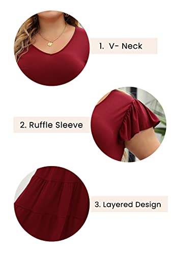 Image of Celkuser Womens Plus Size Summer Casual Midi Dress Short Ruffle Sleeve Tiered Empire Waist T-Shirt Dress with Pockets