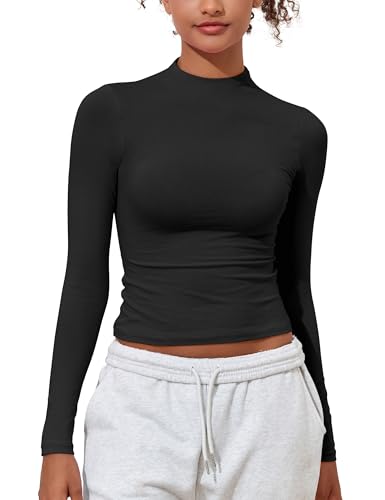 PrettyGuide Women's Cotton Long Sleeve Shirts Mock Neck Basic Tee Tight Fitted Fall Y2K Crop Top Going Out Tops2