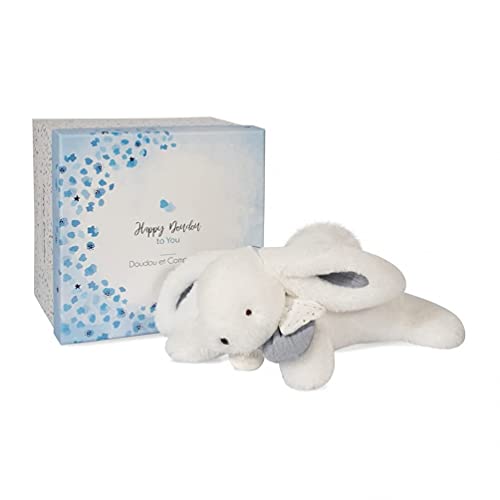 Doudou et Compagnie - Peluche Lapin -25 cm - Lapin Pompon Blanc/Bleu - Jolie Boîte Cadeau - Happy Glossy - Happy Doudou To You
