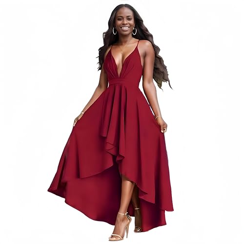 Hostoyo Women’s Evening Gowns Deep V-Neck Party Dresses Sleeveless A-line High-Low Formal Cocktail Long Evening Dress WineRed