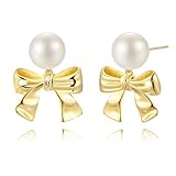 STAYLOVE Gold Big Pearl Bow Earrings for Women Trendy 925 Sterling Silver Post Hypoallergenic 14k Real gold plated Dainty Bow Dangle Earrings for Women
