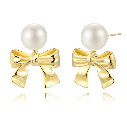 STAYLOVE Gold Big Pearl Bow Earrings for Women Trendy 925 Sterling Silver Post Hypoallergenic 14k Real gold plated Dainty Bow Dangle Earrings for Women