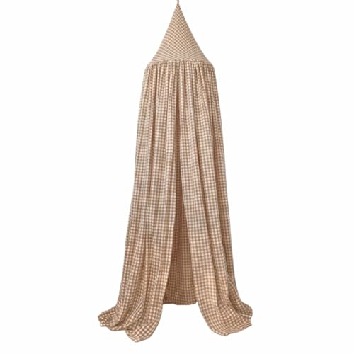 Image of Wonder Space Kids Bed Canopy - Neutral Beige Gingham Checkered Design for Nurseries | Soft Cotton Decorative Tent for Baby Cribs & Toddler Beds | Perfect for Reading Nook or Play Area