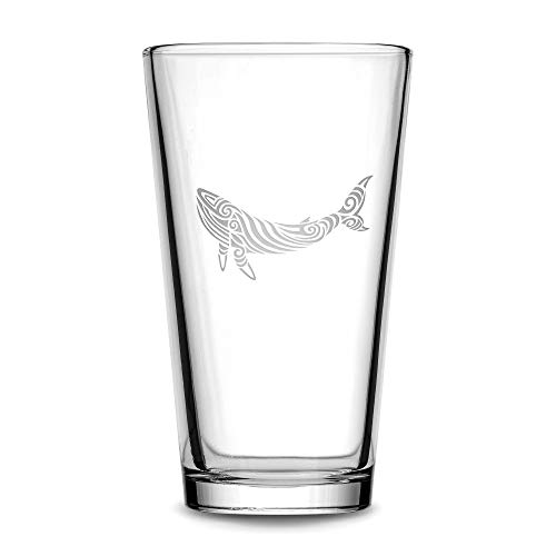 Integrity Bottles Tribal Whale Design, Premium Pint Glass, Handmade, Handblown, Hand Etched Gifts, Sand Carved, 16oz