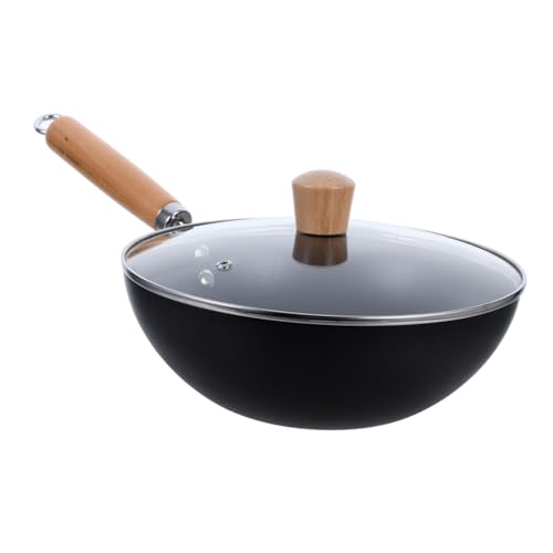 Garneck Sartén Wok de Hierro Sin Revestimiento Tapa Utensilio de Cocina Compacto para Saltear y Cocinar Mango de Madera para Almacenamiento Conveniente