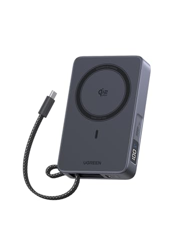 UGREEN MagFlow Magnetische Powerbank 10000mAh 25W ultraschnelle Qi2 25W Magsafe Powerbank integriertes Kabel LED-Bildschirm PD30W USB-C Zwei-Wege-Schnellladung für iPhone16-17Serie Grau