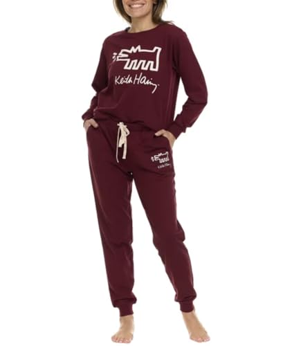 Keith Haring Women's 2 Piece Super Soft Luxurious Fleece Lounge Pajama Set, Long Sleeve Crew and Jogger