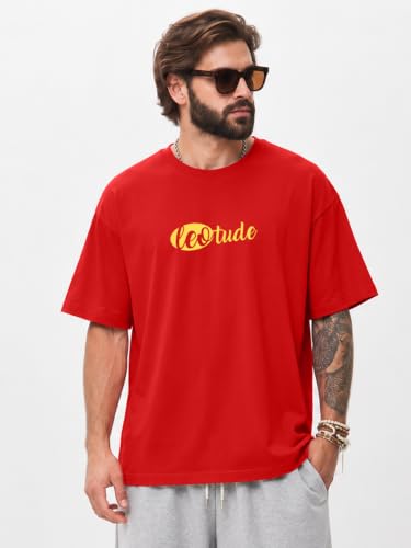 Image of LEOTUDE Men's Premium T-Shirt | 100% Pure Cotton Oversized Baggy Fit Drop Shoulder Cool Back Typographic Printed T-Shirt for Men (Color : Black)