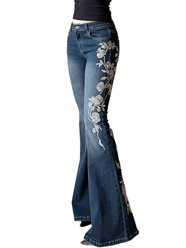 Women Bell Bottom Jeans Stretchy Flare Mid Rise Embroidery Vintage
