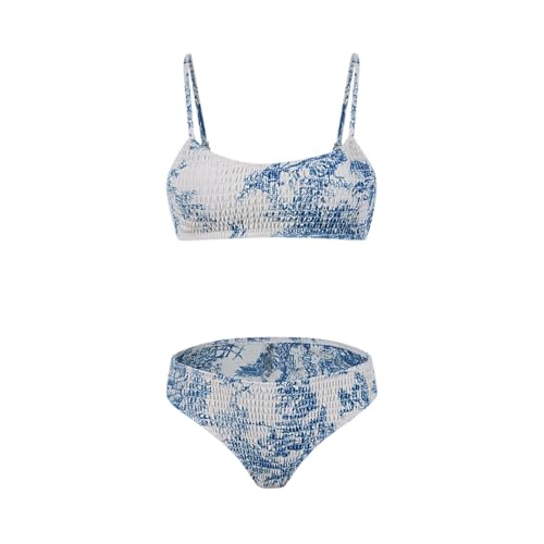 Akklian Girl's 2 Piece Floral Print Bikini Sets Spaghetti Straps Wireless Smocked Bathing Suit Mid Waisted Bottom Swimsuit